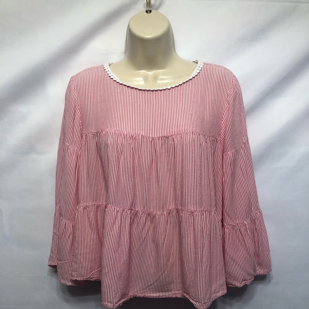 Red&White Striped Bell Sleeved Blouse